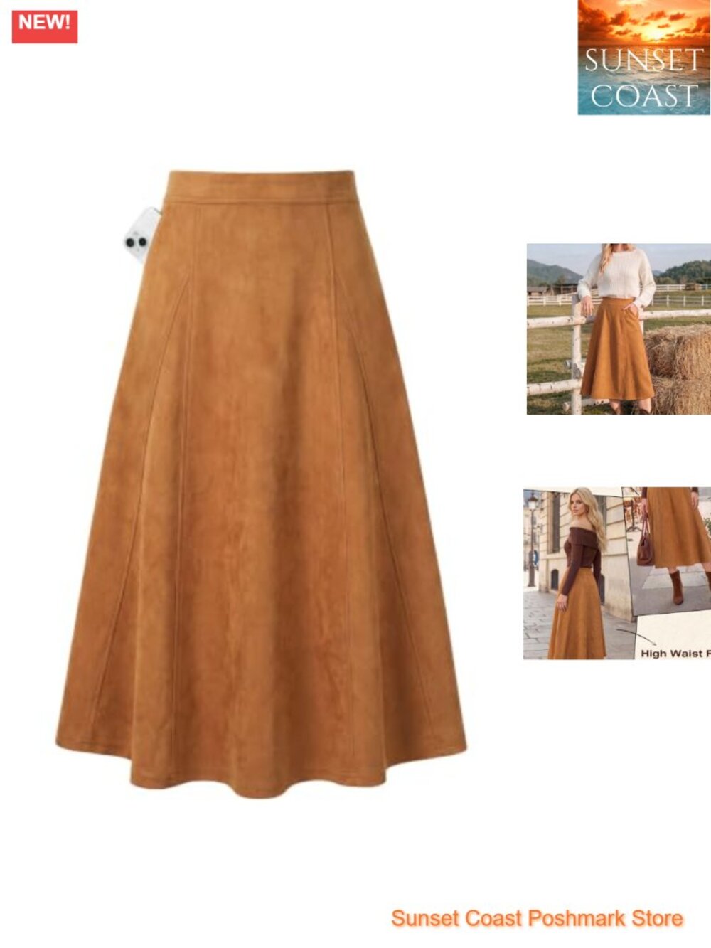 Faux Suede High Waist A-Line Midi Skirt Fall Winter Work Casual